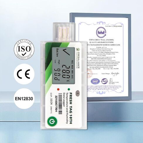 مسجل بيانات درجة الحرارة والرطوبة LCD من Freshliance، مسجل رطوبة درجة الحرارة USB للاستخدام مرة واحدة مع تقرير PDF أو CSV، 65000 قراءات -22 درجة فهرنهايت ~ 158 درجة فهرنهايت عالية الدقة، 90 يومًا، 10 عبوات، علامة جديدة 10TH in Kuwait