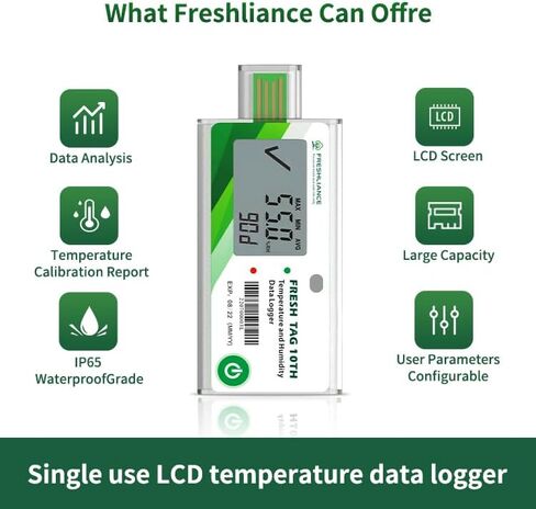 مسجل بيانات درجة الحرارة والرطوبة LCD من Freshliance، مسجل رطوبة درجة الحرارة USB للاستخدام مرة واحدة مع تقرير PDF أو CSV، 65000 قراءات -22 درجة فهرنهايت ~ 158 درجة فهرنهايت عالية الدقة، 90 يومًا، 10 عبوات، علامة جديدة 10TH in Kuwait