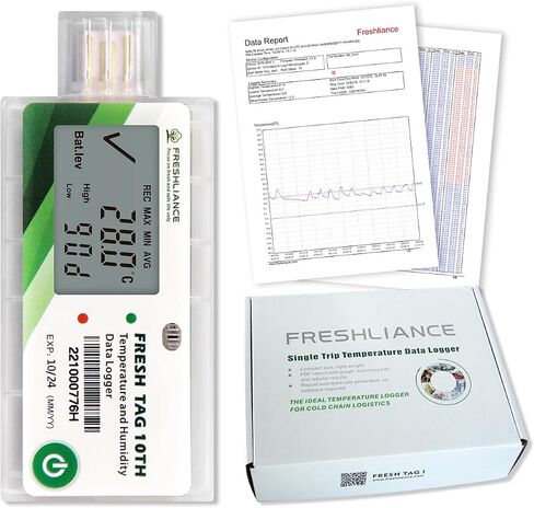 مسجل بيانات درجة الحرارة والرطوبة LCD من Freshliance، مسجل رطوبة درجة الحرارة USB للاستخدام مرة واحدة مع تقرير PDF أو CSV، 65000 قراءات -22 درجة فهرنهايت ~ 158 درجة فهرنهايت عالية الدقة، 90 يومًا، 10 عبوات، علامة جديدة 10TH in Kuwait