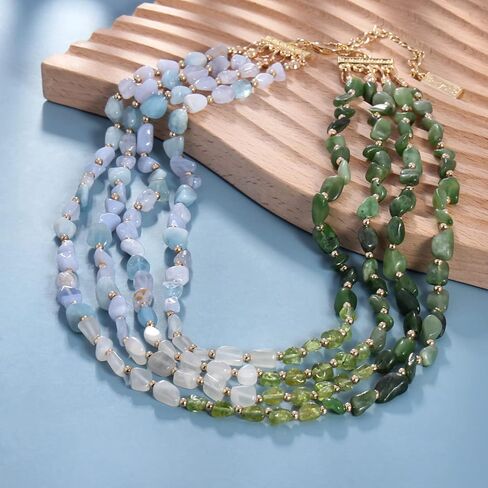 BERYOHZ Natural Stone Beaded Multi-Strand Necklace for Women,17.9in, Gold-Plated in Kuwait