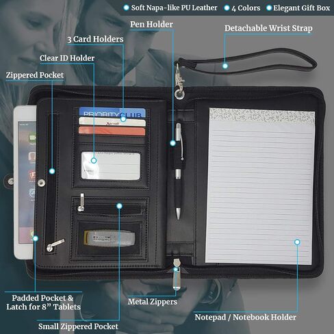 Junior Zippered Business Padfolio with 5x8 Notepad - Black Faux Leather A5 Binder Portfolio & Organizer Folder with 8 Inch Tablet Sleeve by Lautus Designs in Saudi Arabia