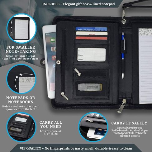 Junior Zippered Business Padfolio with 5x8 Notepad - Black Faux Leather A5 Binder Portfolio & Organizer Folder with 8 Inch Tablet Sleeve by Lautus Designs in Saudi Arabia