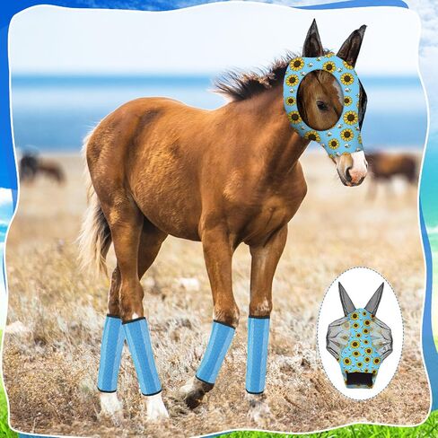 Hosuly 10 Pcs Mesh Fly Masks Fly Boots with Ears Set for Horses Flower Breathable Horse Fly Masks Mesh Fly Leggings for Horse Care Smooth UV Protection for Horses(Medium) in Saudi Arabia