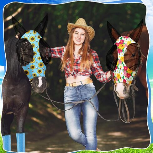 Hosuly 10 Pcs Mesh Fly Masks Fly Boots with Ears Set for Horses Flower Breathable Horse Fly Masks Mesh Fly Leggings for Horse Care Smooth UV Protection for Horses(Medium) in Saudi Arabia