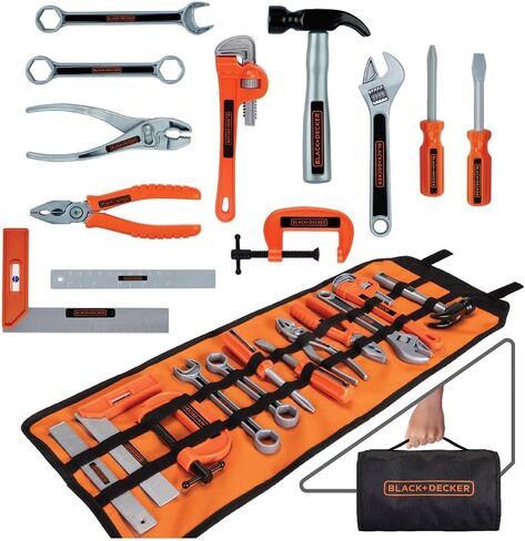Black+Decker Kids Tool Bag Set 13-Piece Junior Roll Up Bag Pretend Play Tools, Hammer, Phillips Screwdriver, Pliers, Adjustable Wrench & More! for Boys & Girls Ages 3+ in Saudi Arabia