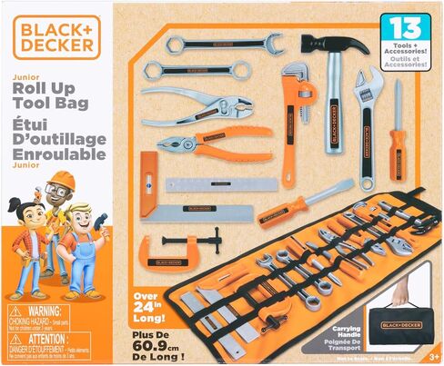 Black+Decker Kids Tool Bag Set 13-Piece Junior Roll Up Bag Pretend Play Tools, Hammer, Phillips Screwdriver, Pliers, Adjustable Wrench & More! for Boys & Girls Ages 3+ in Saudi Arabia