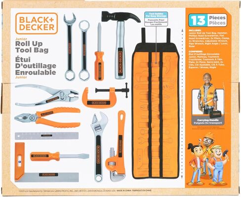 Black+Decker Kids Tool Bag Set 13-Piece Junior Roll Up Bag Pretend Play Tools, Hammer, Phillips Screwdriver, Pliers, Adjustable Wrench & More! for Boys & Girls Ages 3+ in Saudi Arabia