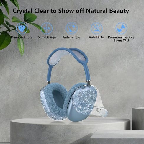 Aircawin لـ AirPods Max Case Clear Blue Glitter، حافظة شفافة مضادة للصدمات لـ Airpods Max Case Cover، حافظة واقية ناعمة مضادة للخدش من مادة TPU ملحقات لا صفراء لسماعات AirPod Max - أزرق لامع in Kuwait