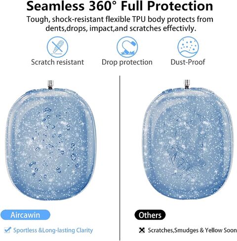 Aircawin لـ AirPods Max Case Clear Blue Glitter، حافظة شفافة مضادة للصدمات لـ Airpods Max Case Cover، حافظة واقية ناعمة مضادة للخدش من مادة TPU ملحقات لا صفراء لسماعات AirPod Max - أزرق لامع in Kuwait