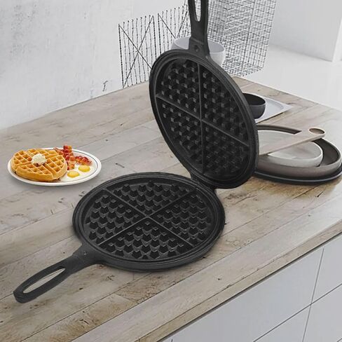 LD HuYY Professional 8-inch Cast Iron Waffle Maker Stove Top | Thickened Body, Quick Heating, Non-Coated Surface | Rustic Round Cast Iron Waffle Iron in Saudi Arabia