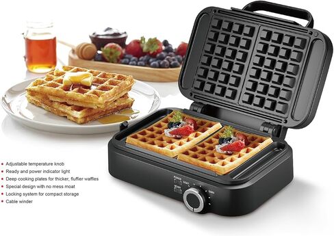 صانعة الوافل البلجيكية العميقة للغاية من جولدن براري بقدرة 1200 وات، شريحتين من حديد الوافل غير القابل للصدأ، 1 بوصة من الوافل السميك، 7 مستويات تحمير قابلة للتعديل، صانعة الفطائر الكهربائية، جوانب لا تسبب الفوضى، أسود in Kuwait