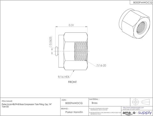 Parker A-Lok 6BLP6-B Brass Compression Tube Fitting, Cap, 3/8" Tube OD in Saudi Arabia