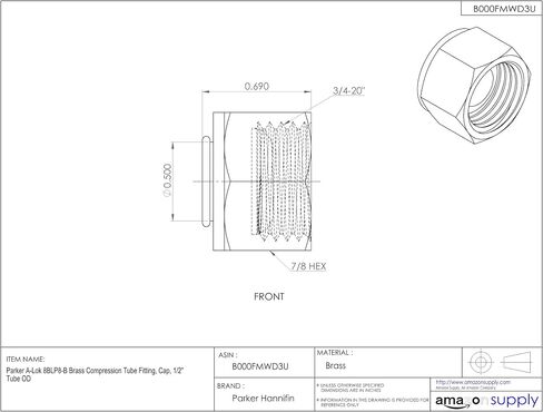 Parker A-Lok 6BLP6-B Brass Compression Tube Fitting, Cap, 3/8" Tube OD in Saudi Arabia