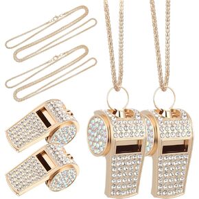 2 قطعة من قلادة صافرة حجر الراين اللامعة صفارة كريستال معدنية ذهبية مع حبل سلسلة جلود صفارات صوت واضحة وعالية للمدرب والحكم والمعلم وهدية المدرب الرياضي in Kuwait