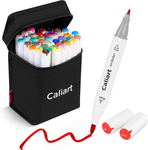 أقلام تحديد فنية بطرف مزدوج من Caliart، 41 لونًا، علامات دائمة تعتمد على الكحول، أقلام رسم ملونة للفنانين، أقلام تحديد مع حافظة لتلوين الرسوم المتحركة التوضيحية، صنع بطاقة الرسم، التسطير in Kuwait