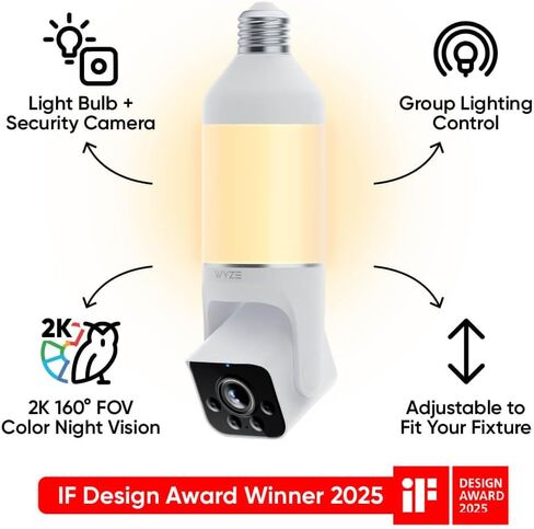 WYZE Bulb Cam Security Camera, 2K HD Outdoor Light Bulb Camera, Color Night Vision, Dimmable LED Bulb, Motion Detection, Siren Alarm, Works w/Alexa/Google Assistant. Free Expert Support (Renewed) in Saudi Arabia