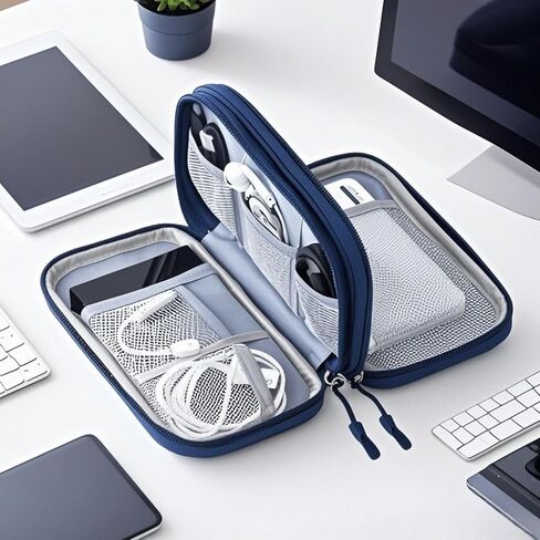 Travel Essentials Electronic Cable Organizer Pouch, Portable Waterproof Double-Layer Storage Bag for Cords, Chargers, Phones, and Earphones – Blue in Saudi Arabia