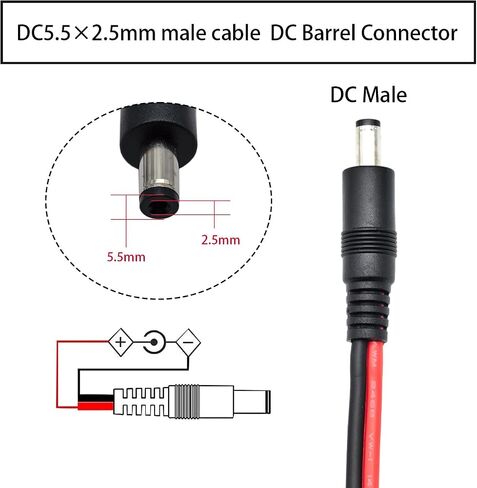 كابل طرفي طاقة بتيار مستمر 5.5 مم × 2.5 مم، 5 حزم، 14AWG 0.8FT مع موصل أسطواني ذكر لكاميرا CCTV، DVR، ضوء LED، مصدر طاقة (أسلاك سوداء حمراء) in Kuwait
