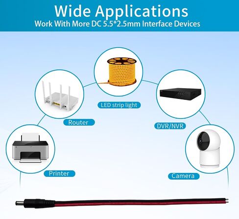 كابل طرفي طاقة بتيار مستمر 5.5 مم × 2.5 مم، 5 حزم، 14AWG 0.8FT مع موصل أسطواني ذكر لكاميرا CCTV، DVR، ضوء LED، مصدر طاقة (أسلاك سوداء حمراء) in Kuwait