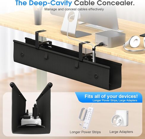 Under Desk Cable Management Tray, 40-inch No-Drill Cord Organizer with Anti-Sag Reinforced Base, Fabric Wire Management Hider for Standing Desk, Office & Gaming Accessories - Black in Saudi Arabia