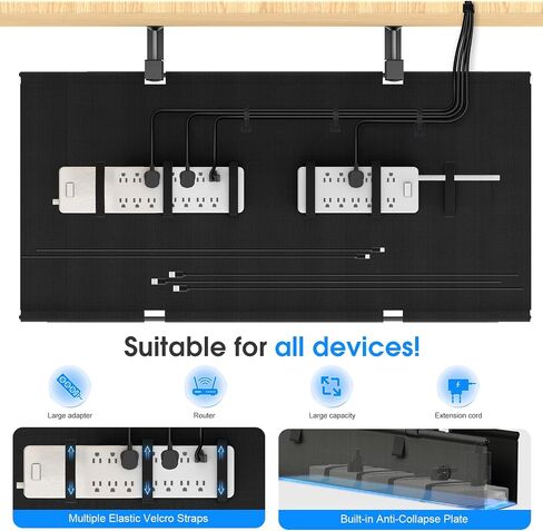 Under Desk Cable Management Tray, 40-inch No-Drill Cord Organizer with Anti-Sag Reinforced Base, Fabric Wire Management Hider for Standing Desk, Office & Gaming Accessories - Black in Saudi Arabia