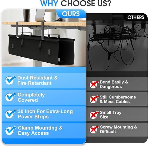 Under Desk Cable Management Tray, 40-inch No-Drill Cord Organizer with Anti-Sag Reinforced Base, Fabric Wire Management Hider for Standing Desk, Office & Gaming Accessories - Black in Saudi Arabia