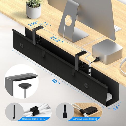 Under Desk Cable Management Tray, 40-inch No-Drill Cord Organizer with Anti-Sag Reinforced Base, Fabric Wire Management Hider for Standing Desk, Office & Gaming Accessories - Black in Saudi Arabia