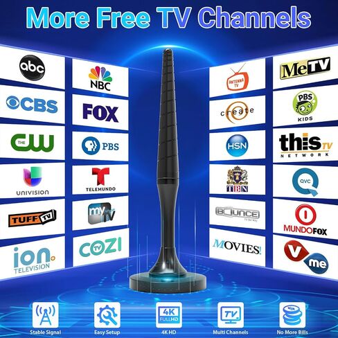 TV Antenna for Smart TV, Digital Indoor HD Antenna with 360° Long Range Reception & Magnetic Base, Supports 4K 1080P VHF/UHF Local Channels, Easy Setup with 10ft Coax Cable (RT-3) in Saudi Arabia
