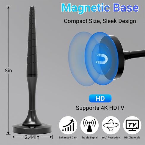 TV Antenna for Smart TV, Digital Indoor HD Antenna with 360° Long Range Reception & Magnetic Base, Supports 4K 1080P VHF/UHF Local Channels, Easy Setup with 10ft Coax Cable (RT-3) in Saudi Arabia