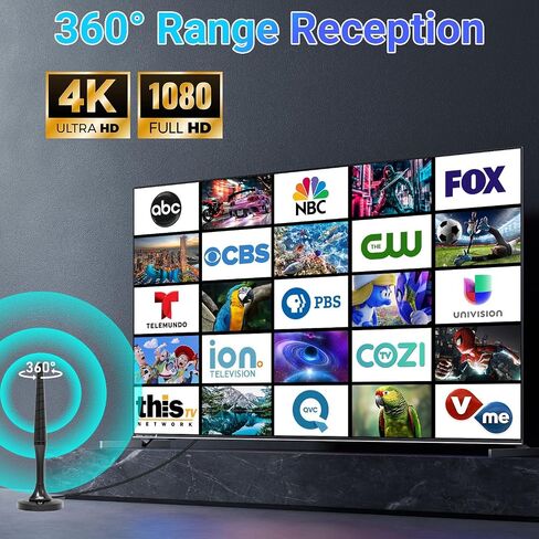 TV Antenna for Smart TV, Digital Indoor HD Antenna with 360° Long Range Reception & Magnetic Base, Supports 4K 1080P VHF/UHF Local Channels, Easy Setup with 10ft Coax Cable (RT-3) in Saudi Arabia