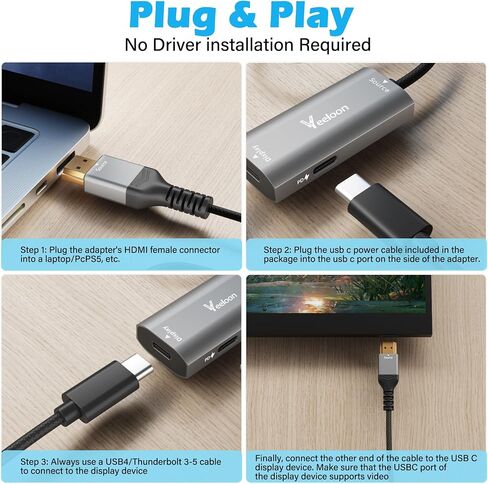 HDMI Male to USB C Female Adapter 4K@60Hz for AR Glasses, Unidirectional HDMI Source to Type C Display with Charging Port for Portable Monitor from PS5/4,Xbox,Switch, PC, Steam, Power Cable Included in Saudi Arabia