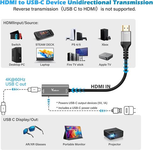 HDMI Male to USB C Female Adapter 4K@60Hz for AR Glasses, Unidirectional HDMI Source to Type C Display with Charging Port for Portable Monitor from PS5/4,Xbox,Switch, PC, Steam, Power Cable Included in Saudi Arabia