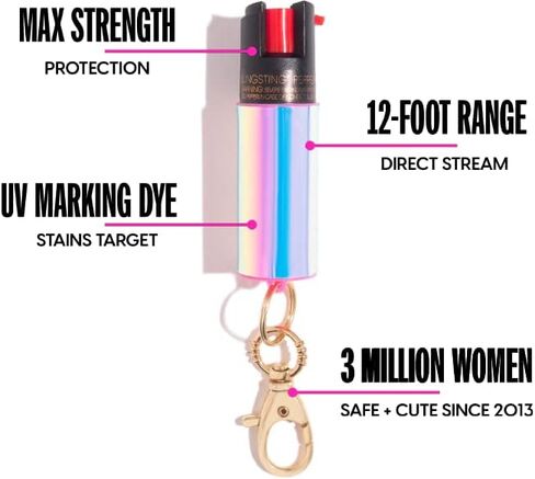 BLINGSTING Pepper Spray for Women - Maximum Strength OC Self Defense Spray - 12 ft Range - UV Marking Dye for Police ID - Swipe Safety Lock, Compact & Fashionable Keychain - Holographic in Kuwait