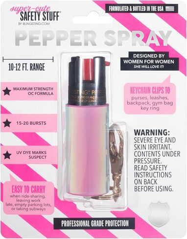 BLINGSTING Pepper Spray for Women - Maximum Strength OC Self Defense Spray - 12 ft Range - UV Marking Dye for Police ID - Swipe Safety Lock, Compact & Fashionable Keychain - Holographic in Kuwait