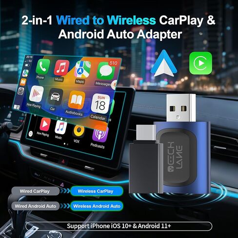 محول CarPlay اللاسلكي، 2 في 1 سلكي إلى CarPlay اللاسلكي ومحول Android التلقائي، التوصيل والتشغيل، 5G WiFi/BT 5.0، يدعم iPhone iOS 10+ وAndroid 11+، التحكم الصوتي والاتصال السريع in Kuwait