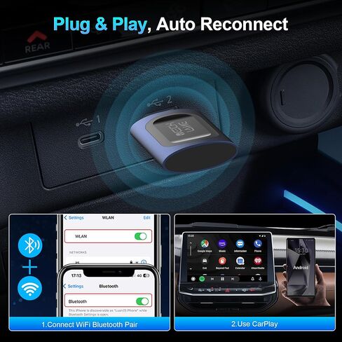 محول CarPlay اللاسلكي، 2 في 1 سلكي إلى CarPlay اللاسلكي ومحول Android التلقائي، التوصيل والتشغيل، 5G WiFi/BT 5.0، يدعم iPhone iOS 10+ وAndroid 11+، التحكم الصوتي والاتصال السريع in Kuwait