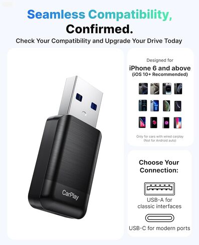Wireless CarPlay Adapter for Apple iPhone, 2025 Convert Wired to Car Play Wireless, Plug & Play, Auto-Connect, Ultra Mini Car Play Adapter with USB A/C, No Latency for iPhone iOS 10+(2017+ Vehicles) in Saudi Arabia