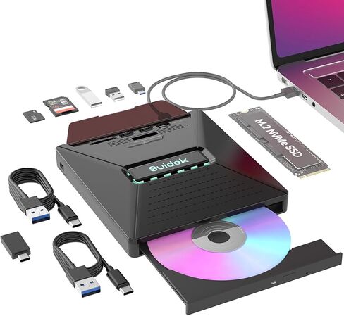 محرك أقراص DVD خارجي للكمبيوتر المحمول، قارئ أقراص CD DVD +/-RW محمول 7 في 1 مع واجهة M.2 NVMe، وفتحات بطاقة SD/Micro SD ومنفذ USB A Type C 2.0، متوافق مع أجهزة الكمبيوتر المحمول Mac Windows Linux in Saudi Arabia