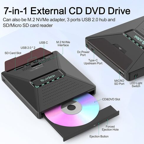 محرك أقراص DVD خارجي للكمبيوتر المحمول، قارئ أقراص CD DVD +/-RW محمول 7 في 1 مع واجهة M.2 NVMe، وفتحات بطاقة SD/Micro SD ومنفذ USB A Type C 2.0، متوافق مع أجهزة الكمبيوتر المحمول Mac Windows Linux in Saudi Arabia