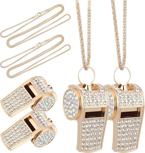 2 قطعة من قلادة صافرة حجر الراين اللامعة صفارة كريستال معدنية ذهبية مع حبل سلسلة جلود صفارات صوت واضحة وعالية للمدرب والحكم والمعلم وهدية المدرب الرياضي in Kuwait