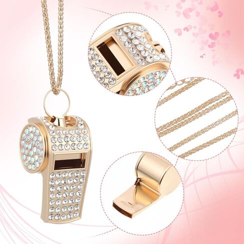 2 قطعة من قلادة صافرة حجر الراين اللامعة صفارة كريستال معدنية ذهبية مع حبل سلسلة جلود صفارات صوت واضحة وعالية للمدرب والحكم والمعلم وهدية المدرب الرياضي in Kuwait