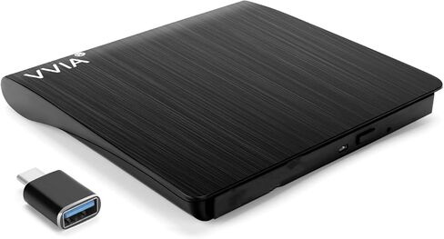 vvia External CD/DVD Drive, Portable USB 3.0 Type-C CD +/-RW Drive DVD Player for ROM Rewriter Burner for Laptop Desktop, Compatible with Windows 7/8/10/11 Mac MacBook Pro/Air Linux OS-Black in Saudi Arabia