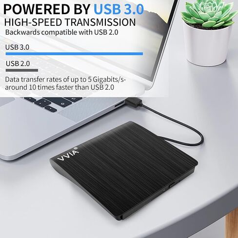 vvia External CD/DVD Drive, Portable USB 3.0 Type-C CD +/-RW Drive DVD Player for ROM Rewriter Burner for Laptop Desktop, Compatible with Windows 7/8/10/11 Mac MacBook Pro/Air Linux OS-Black in Saudi Arabia
