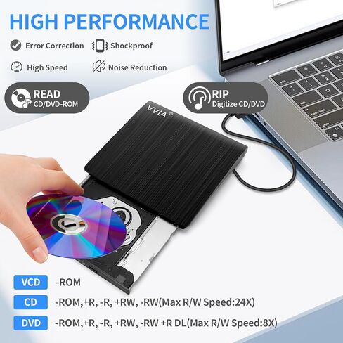 vvia External CD/DVD Drive, Portable USB 3.0 Type-C CD +/-RW Drive DVD Player for ROM Rewriter Burner for Laptop Desktop, Compatible with Windows 7/8/10/11 Mac MacBook Pro/Air Linux OS-Black in Saudi Arabia