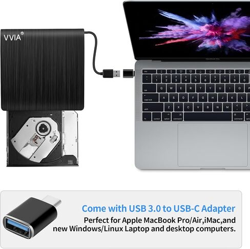 vvia External CD/DVD Drive, Portable USB 3.0 Type-C CD +/-RW Drive DVD Player for ROM Rewriter Burner for Laptop Desktop, Compatible with Windows 7/8/10/11 Mac MacBook Pro/Air Linux OS-Black in Saudi Arabia