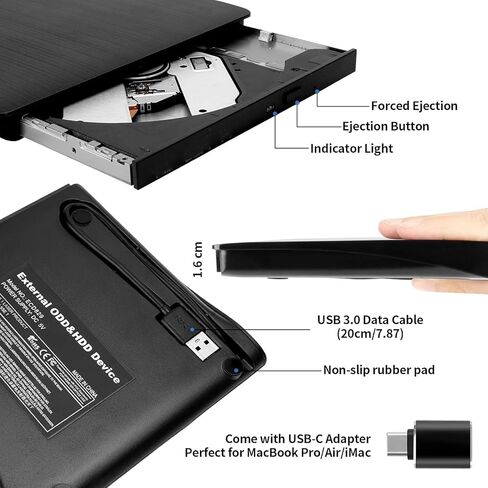 vvia External CD/DVD Drive, Portable USB 3.0 Type-C CD +/-RW Drive DVD Player for ROM Rewriter Burner for Laptop Desktop, Compatible with Windows 7/8/10/11 Mac MacBook Pro/Air Linux OS-Black in Saudi Arabia