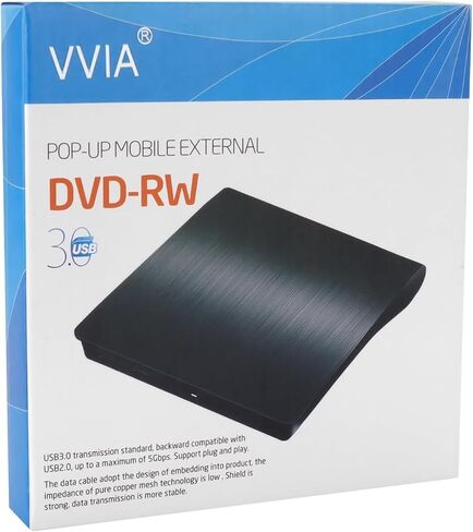 vvia External CD/DVD Drive, Portable USB 3.0 Type-C CD +/-RW Drive DVD Player for ROM Rewriter Burner for Laptop Desktop, Compatible with Windows 7/8/10/11 Mac MacBook Pro/Air Linux OS-Black in Saudi Arabia