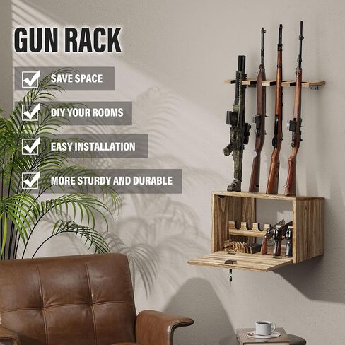 Emfogo Gun Rack Wall Mount, Wooden Rifle Racks with Gun Rack for Wall, Gun Display Racks for Indoor Firearms Storage, Holds up to 4 Long Guns and 6 Handguns, Gifts for Husband, Dad in Saudi Arabia
