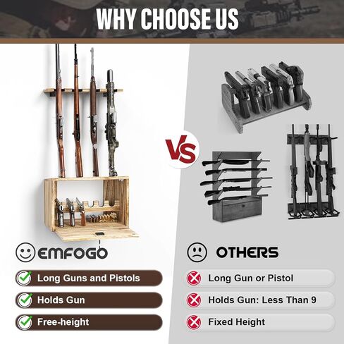 Emfogo Gun Rack Wall Mount, Wooden Rifle Racks with Gun Rack for Wall, Gun Display Racks for Indoor Firearms Storage, Holds up to 4 Long Guns and 6 Handguns, Gifts for Husband, Dad in Saudi Arabia