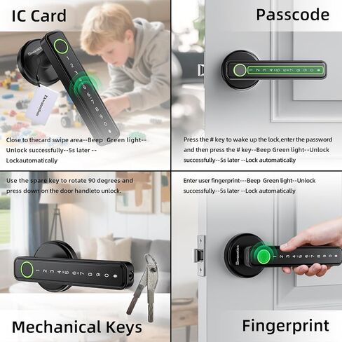Smart Door Lock with Handle, 4-in-1 Keyless Entry (Fingerprint/Password/IC Card/Key), Type-C Emergency Power, for Bedroom Home Hotel Office Works (Black) in Saudi Arabia